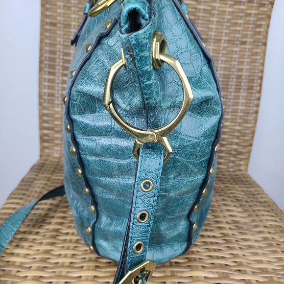 orYANY Dark Green Croc Embossed Gold Studded Leather Handbag With Shoulder Strap - Picture 8 of 16
